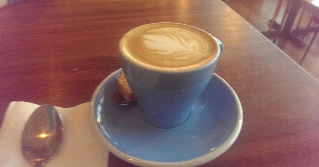 Photo of a latte at Coene's Provisions in Wellington, New Zealand 